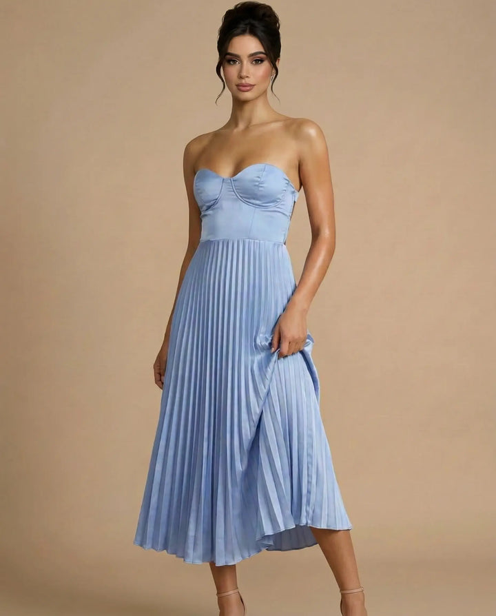 SOLACE  Light Blue Satin Corset Bodice Slim Fit Midi Party Dress 