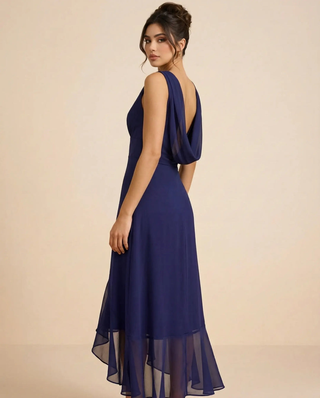 SOLACE  Navy Blue Ruffle Chiffon Slim Fit High Low Dress 