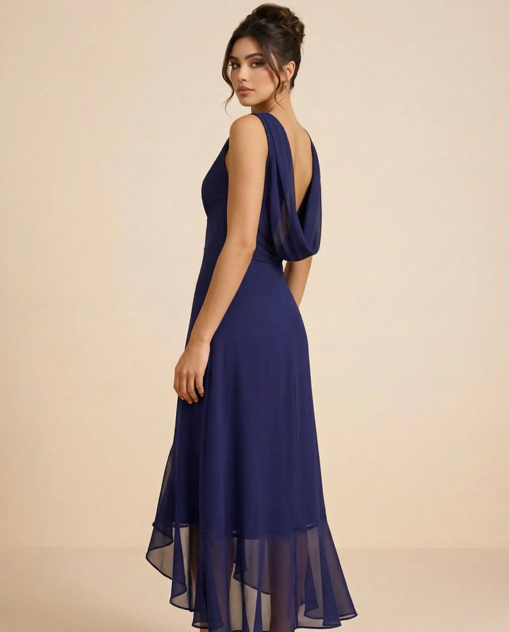 SOLACE  Navy Blue Ruffle Chiffon Slim Fit High Low Dress 