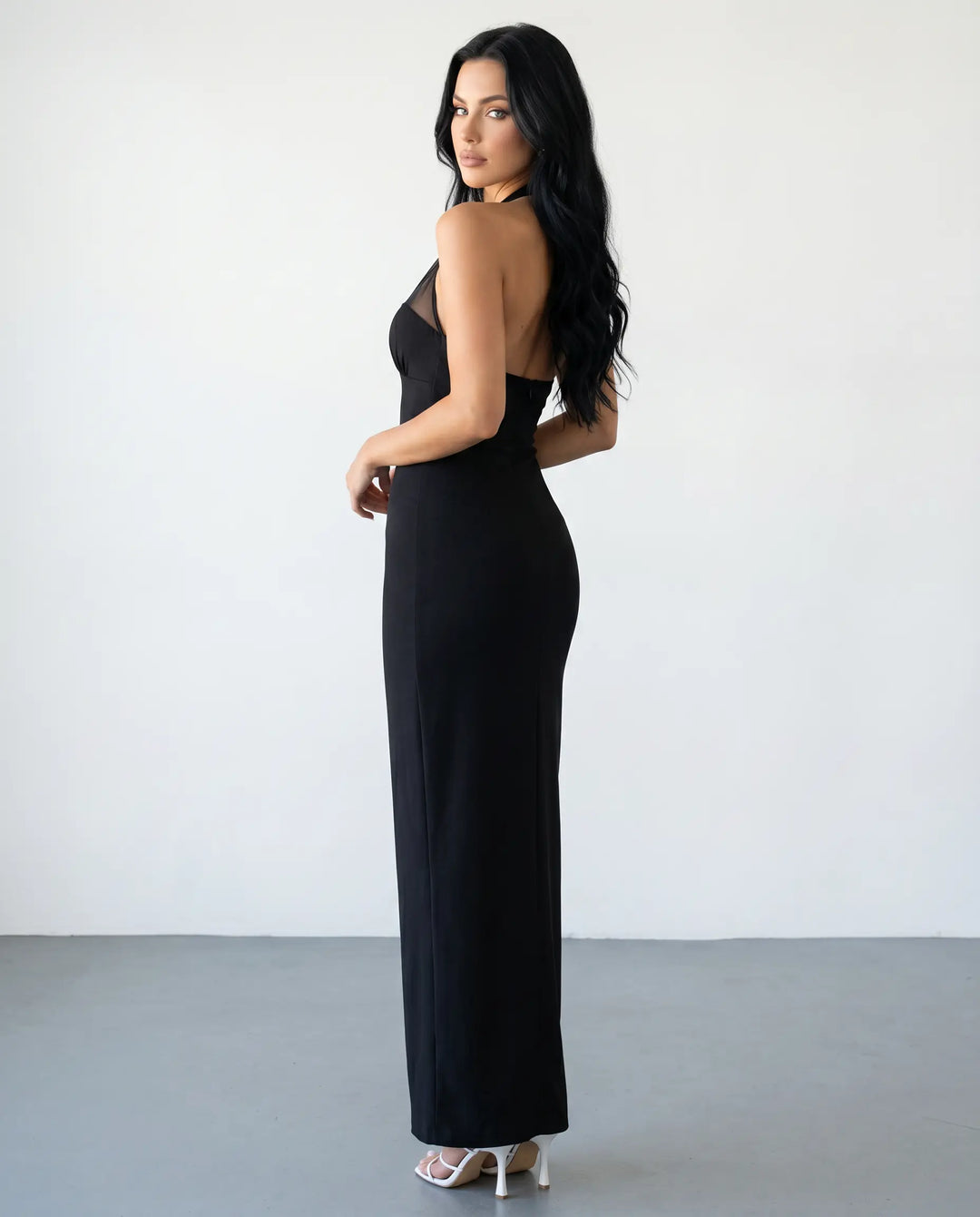 SOLACE  Black Mesh Panel Halter Neck Bodycon Maxi Dress 