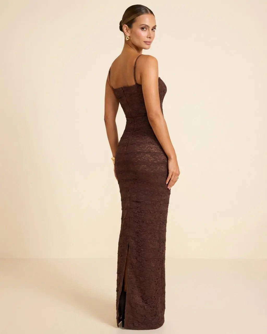 Brown Lace Spaghetti Strap Bodycon Back Slit Maxi Dress SOLACE