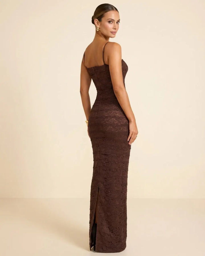 Brown Lace Spaghetti Strap Bodycon Back Slit Maxi Dress SOLACE