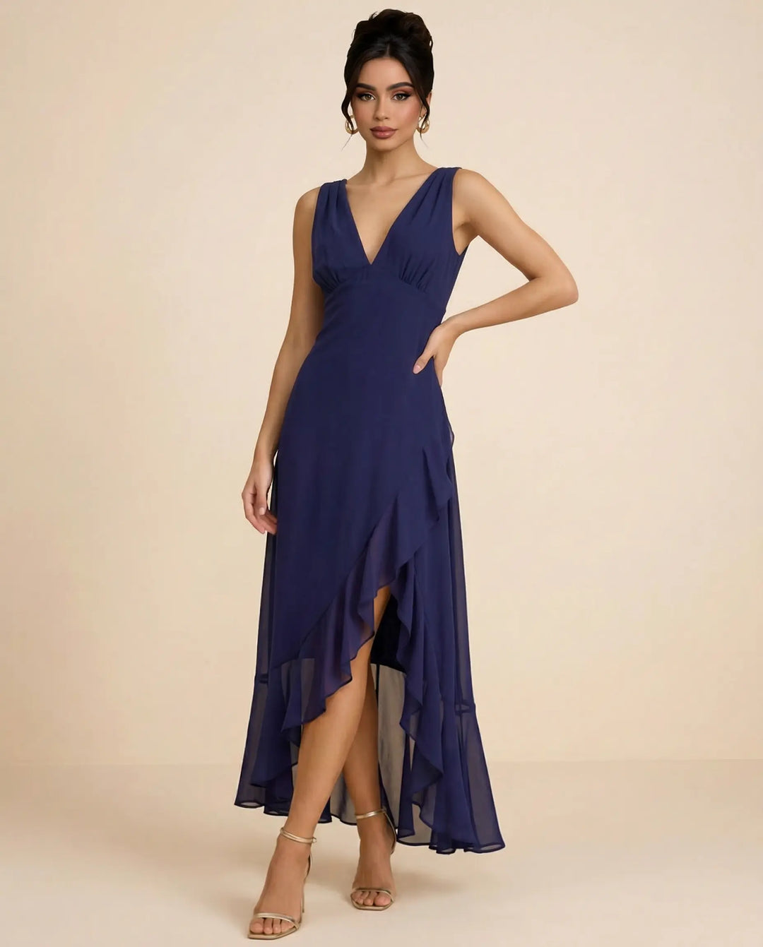 SOLACE  Navy Blue Ruffle Chiffon Slim Fit High Low Dress 