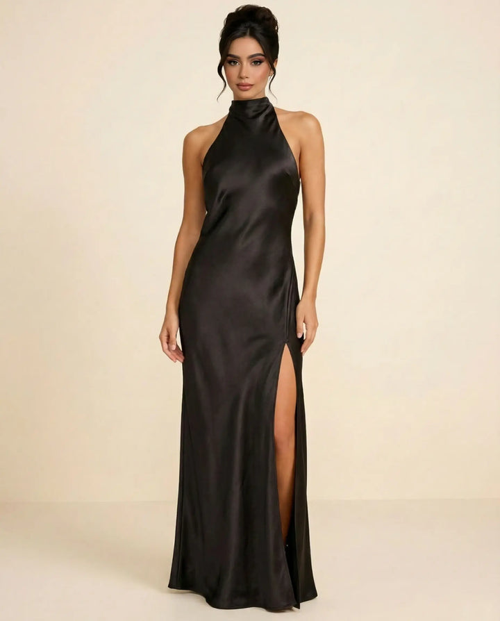 SOLACE  Black Thigh Slit Satin Slim Fit Maxi Dress 