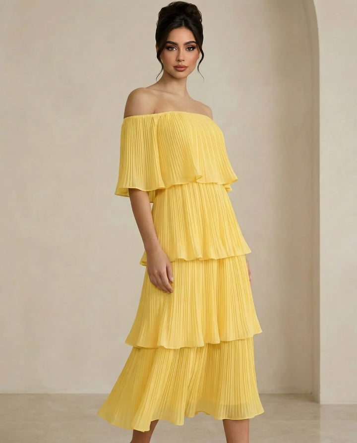 SOLACE  Yellow Tiered Pleated Off Shoulder Regular Fit Midi Dress 