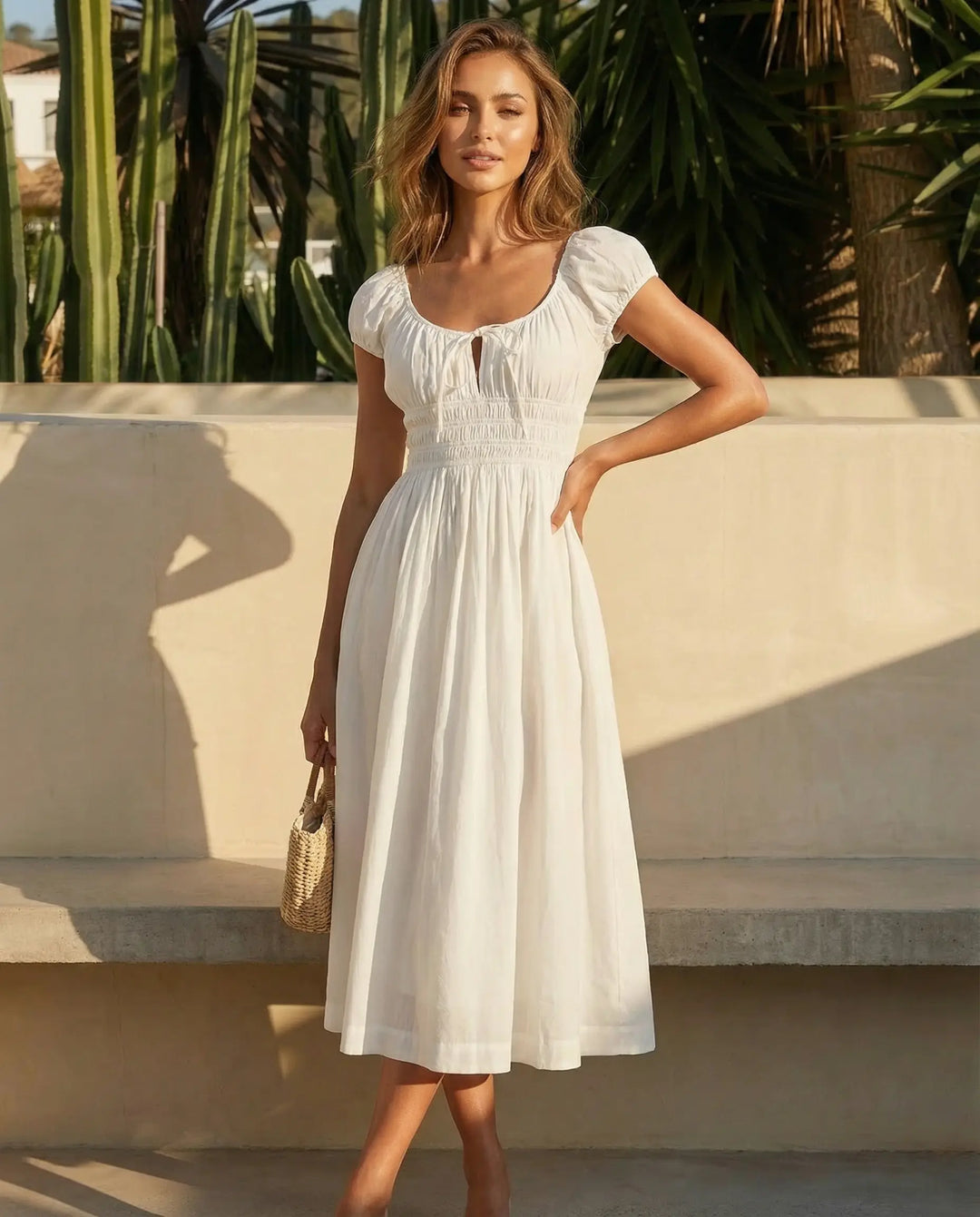 SOLACE  White Square Neck Puff Sleeve Smocked Waist Midi Dress 