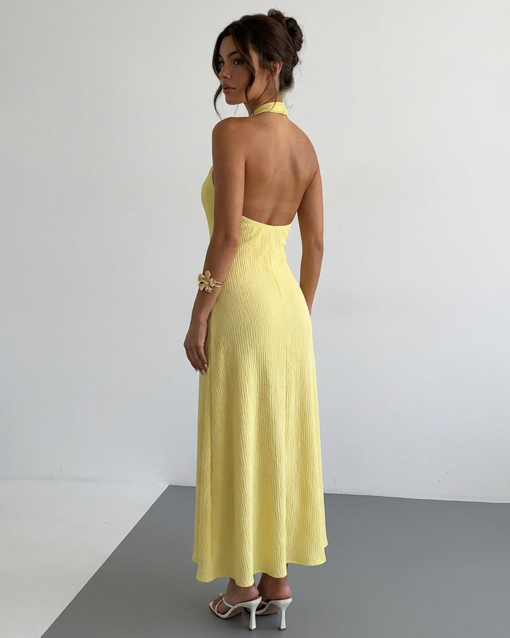 Buttery Yellow Halter Twist Neck Textured Maxi Dress