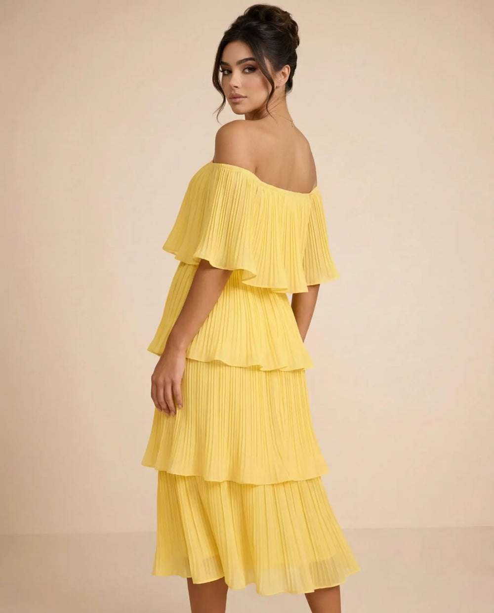 SOLACE  Yellow Tiered Pleated Off Shoulder Regular Fit Midi Dress 