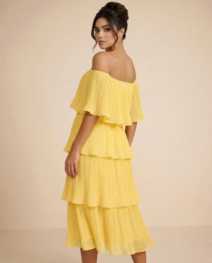 SOLACE  Yellow Tiered Pleated Off Shoulder Regular Fit Midi Dress 