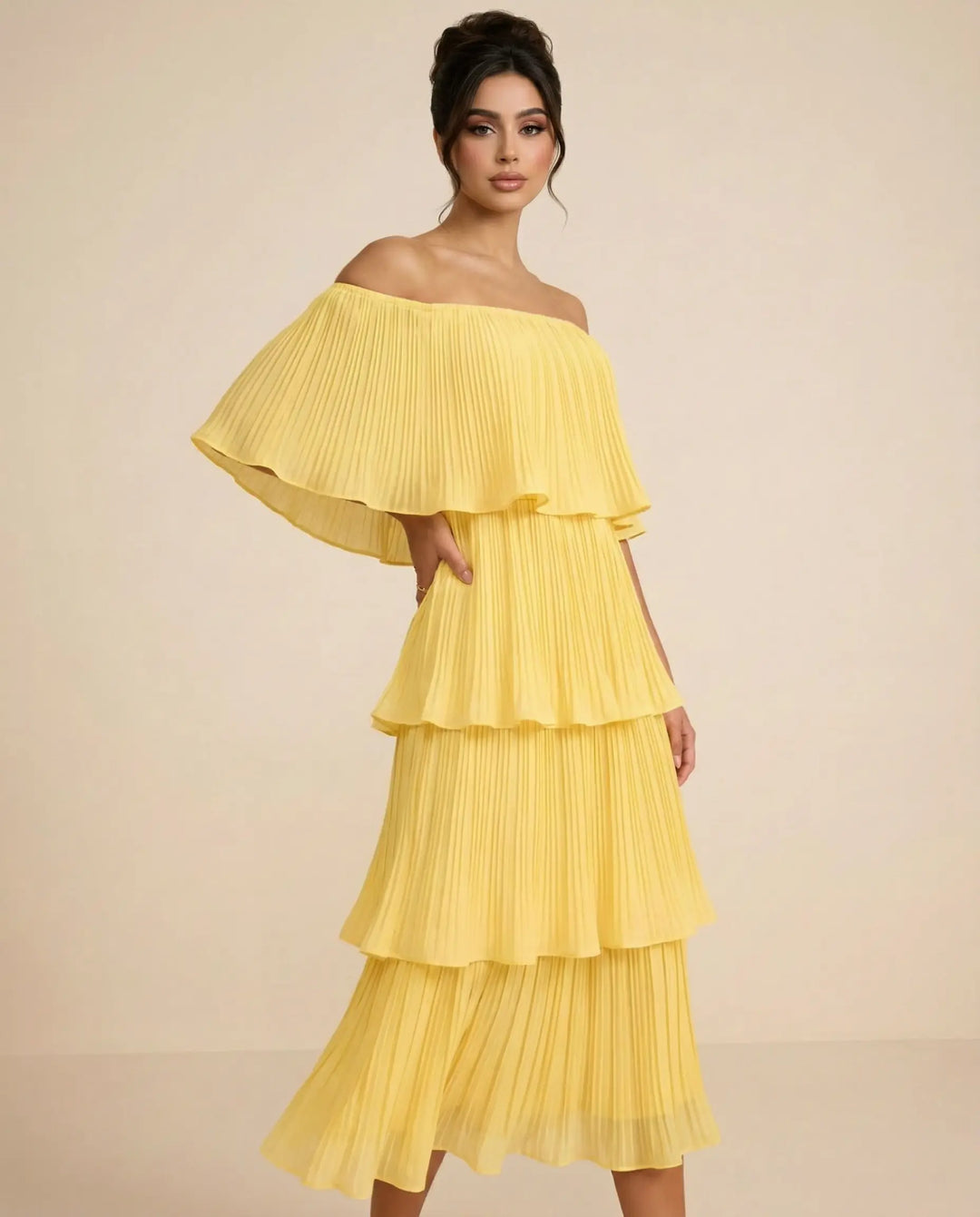SOLACE  Yellow Tiered Pleated Off Shoulder Regular Fit Midi Dress 