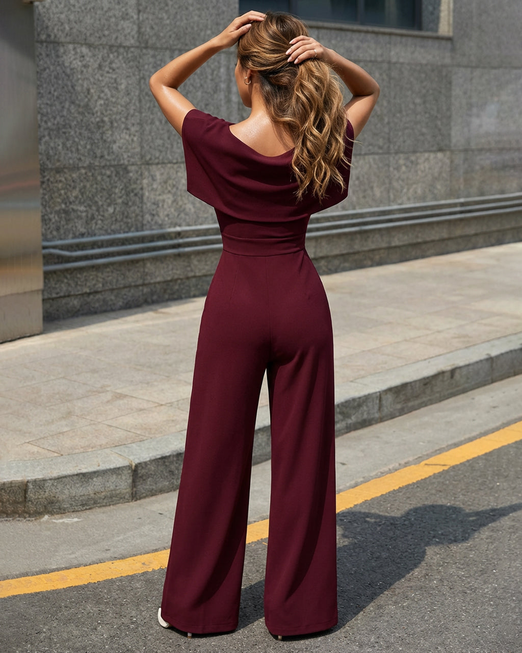 Burgundy Off-Shoulder Draped High Waist Wide Leg Jumpsuit