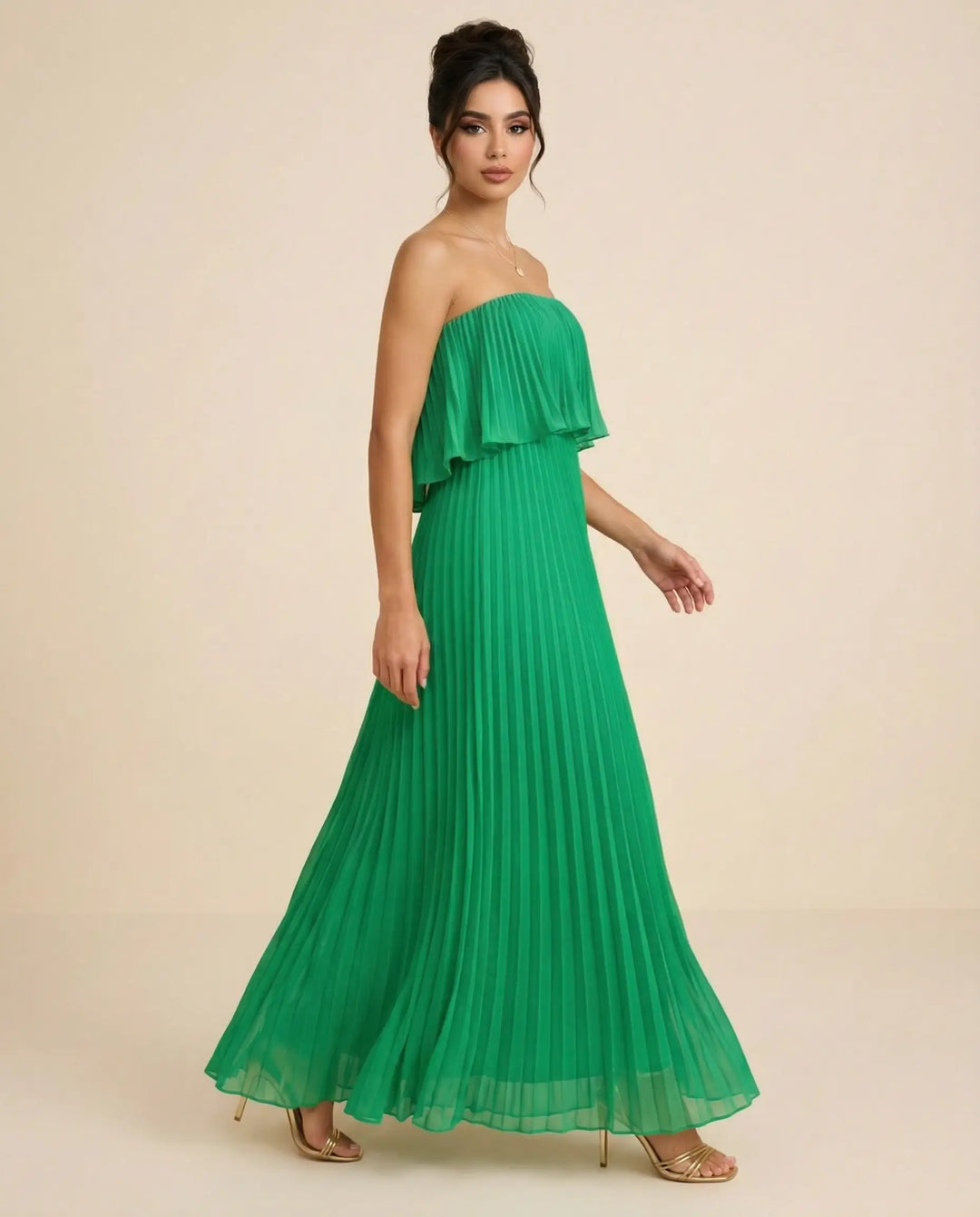 SOLACE  Green Ruffled Pleated Design Slim Fit Floor Length Maxi Dress 