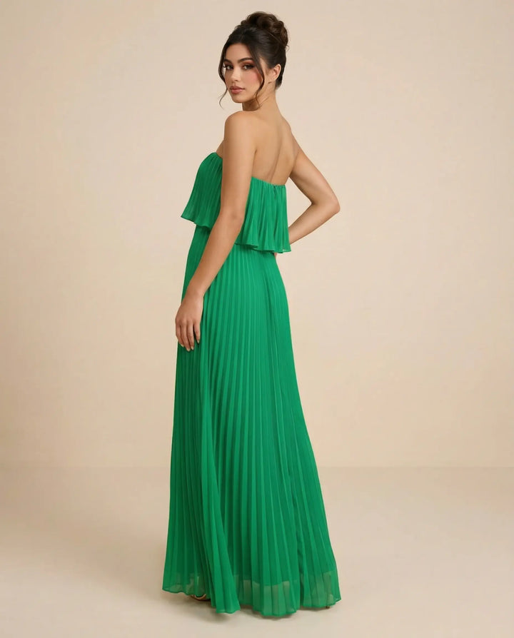 SOLACE  Green Ruffled Pleated Design Slim Fit Floor Length Maxi Dress 