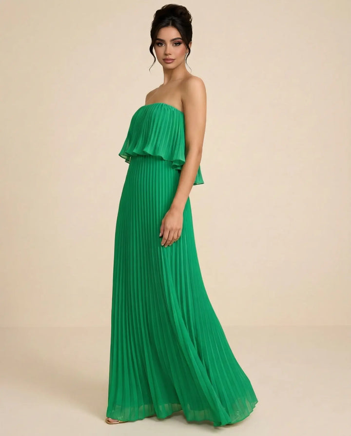 SOLACE  Green Ruffled Pleated Design Slim Fit Floor Length Maxi Dress 