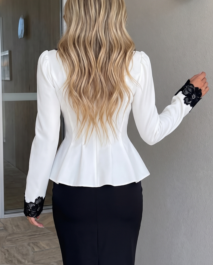 Contrast Lace Puff Shoulder Slim Peplum Jacket Top