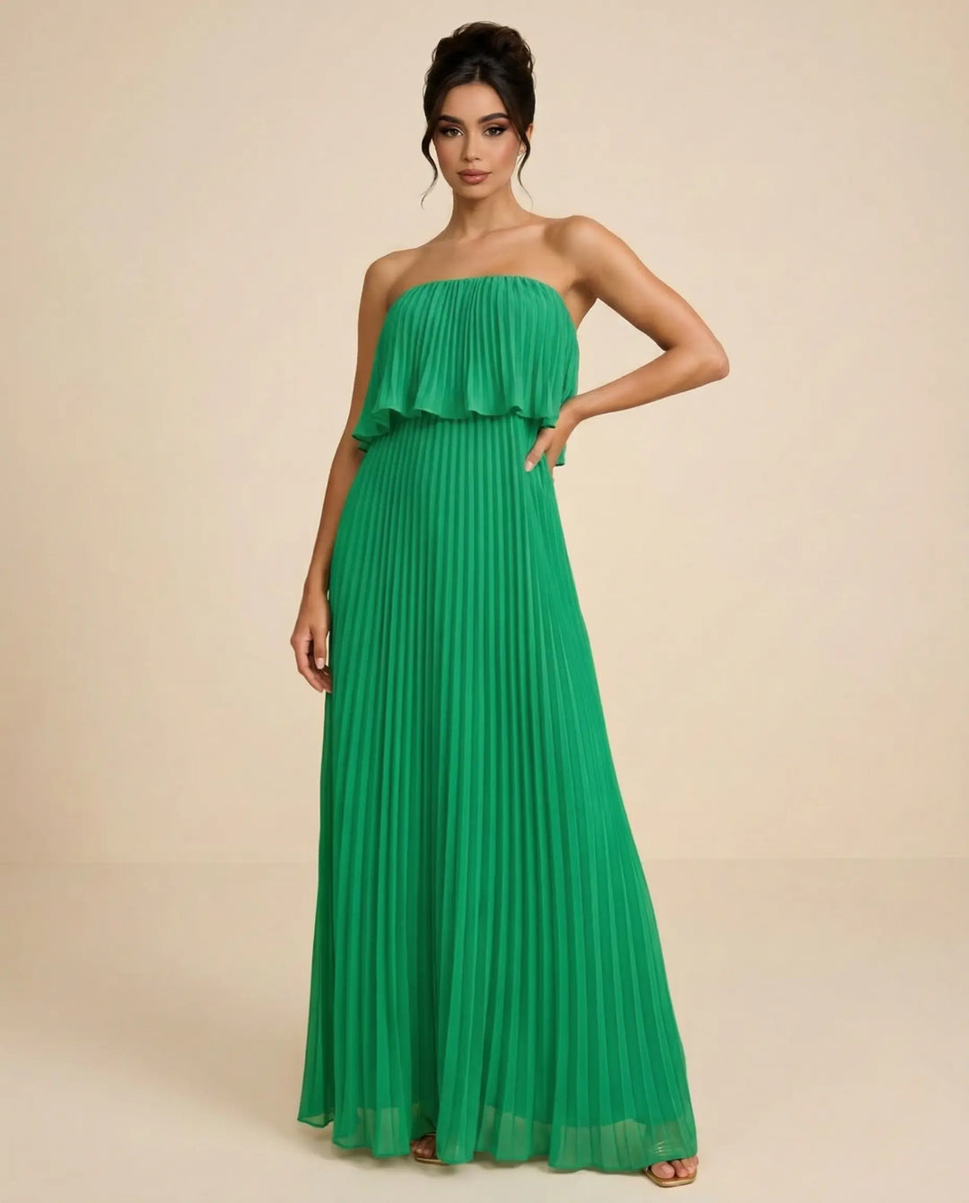 SOLACE  Green Ruffled Pleated Design Slim Fit Floor Length Maxi Dress 