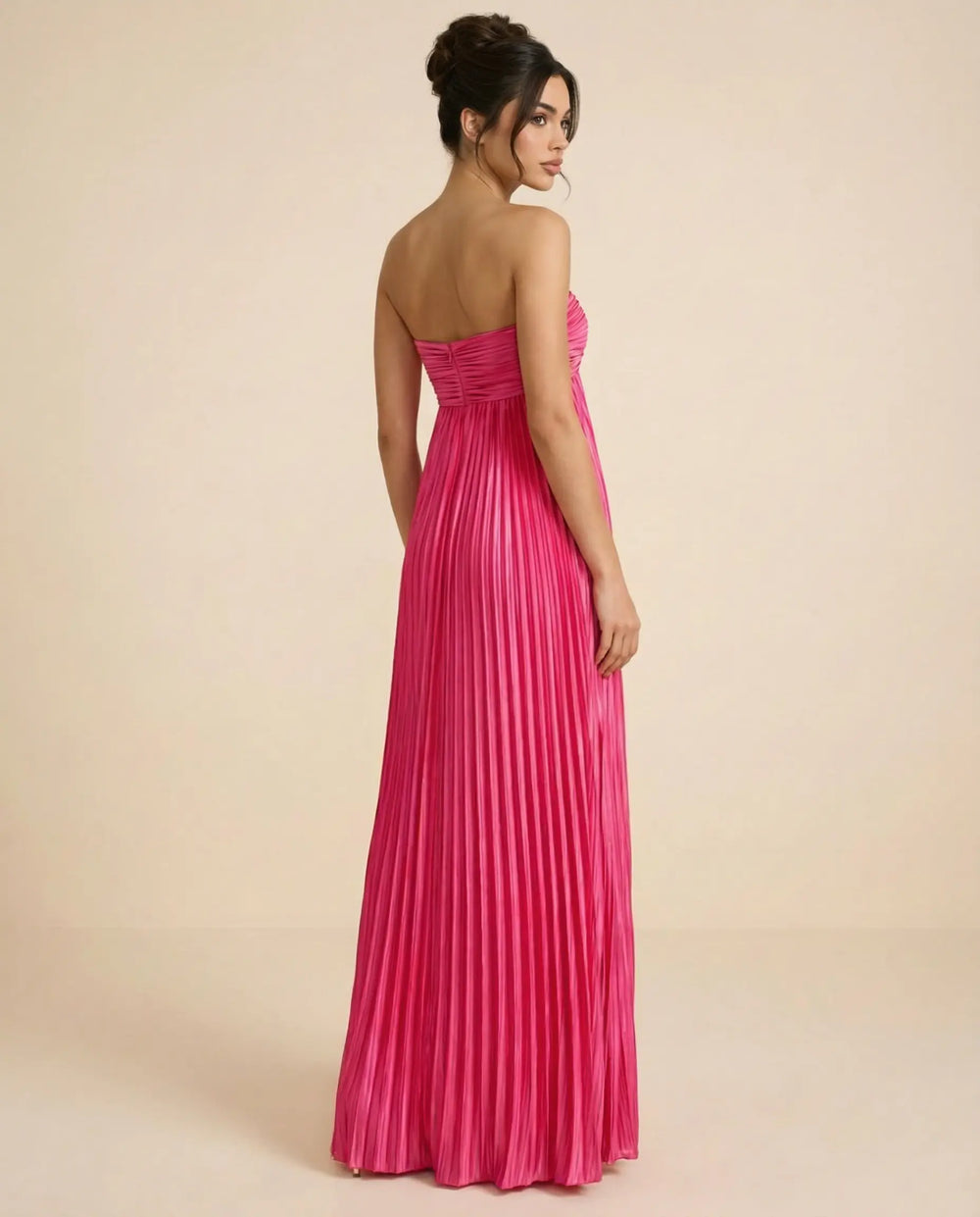 SOLACE  Fuchsia Pink Pleated Fabric Flowy Fit Maxi Dress 