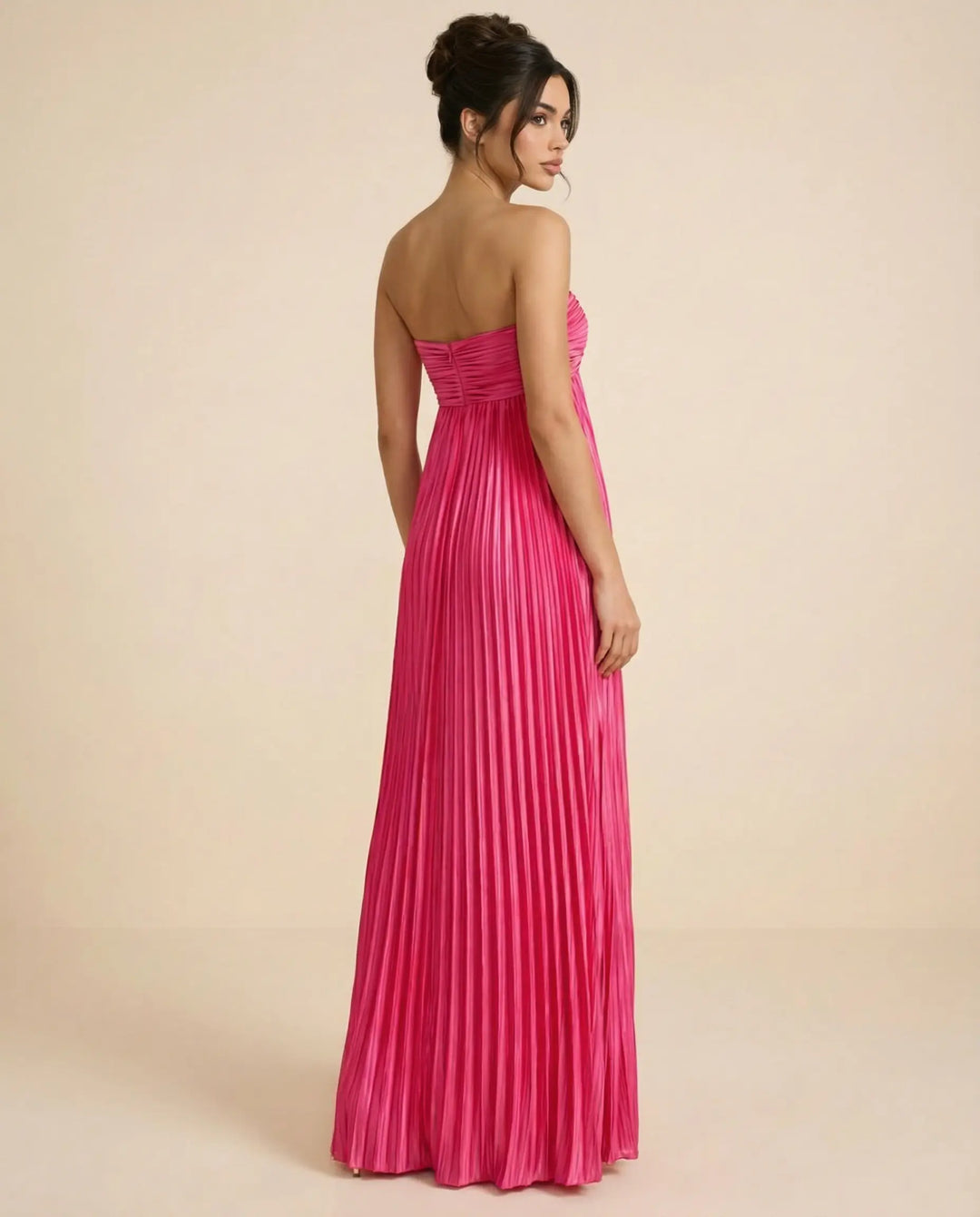 SOLACE  Fuchsia Pink Pleated Fabric Flowy Fit Maxi Dress 