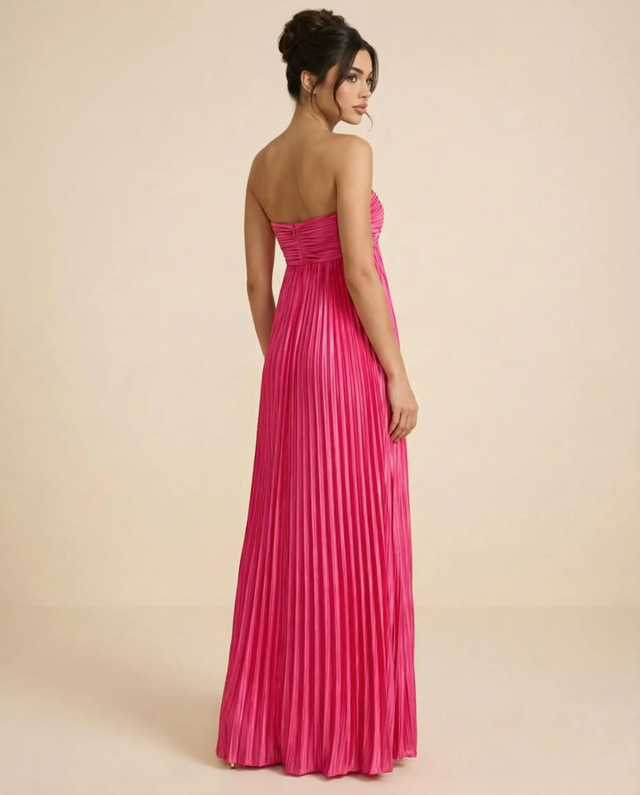 SOLACE  Fuchsia Pink Pleated Fabric Flowy Fit Maxi Dress 