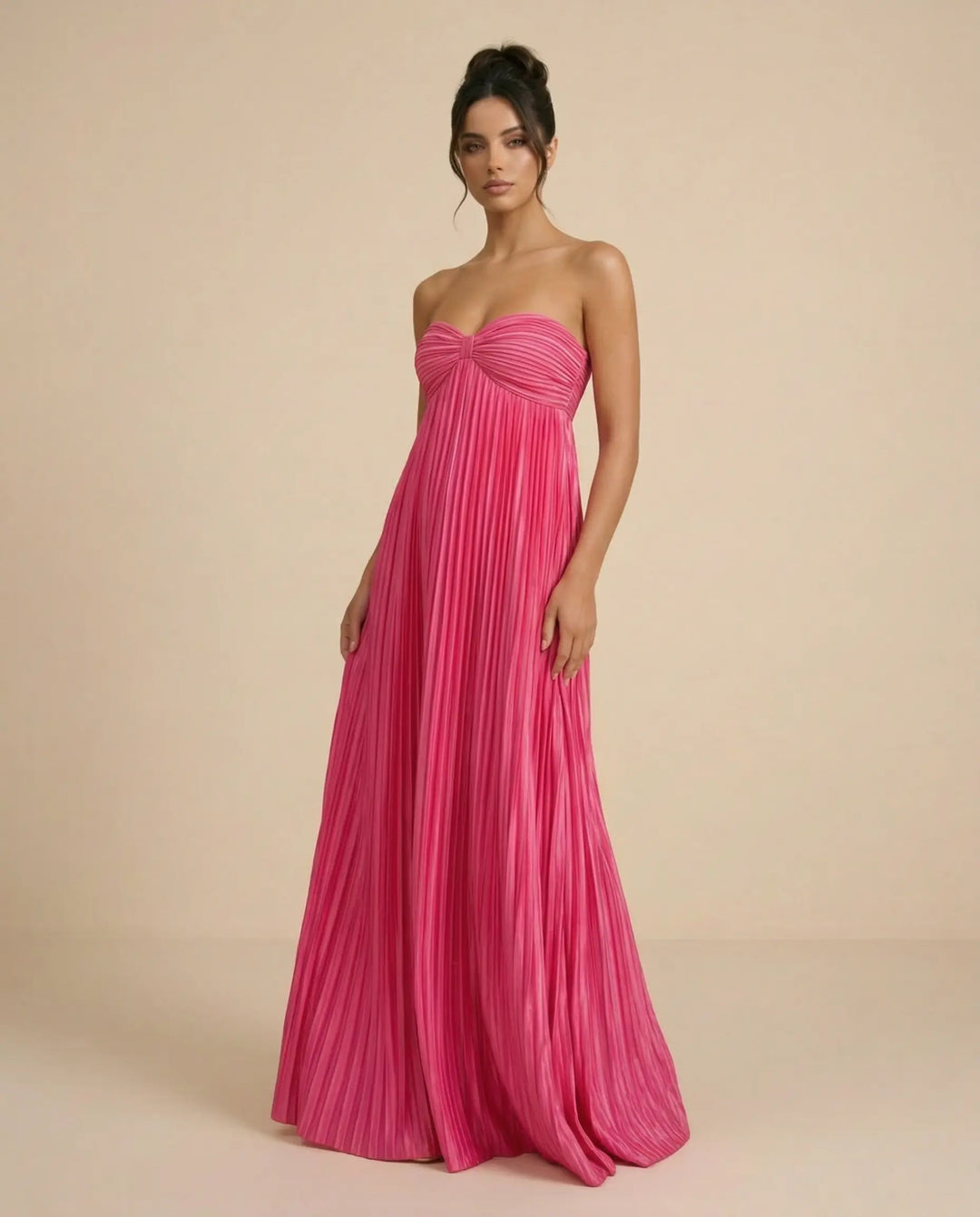 SOLACE  Fuchsia Pink Pleated Fabric Flowy Fit Maxi Dress 
