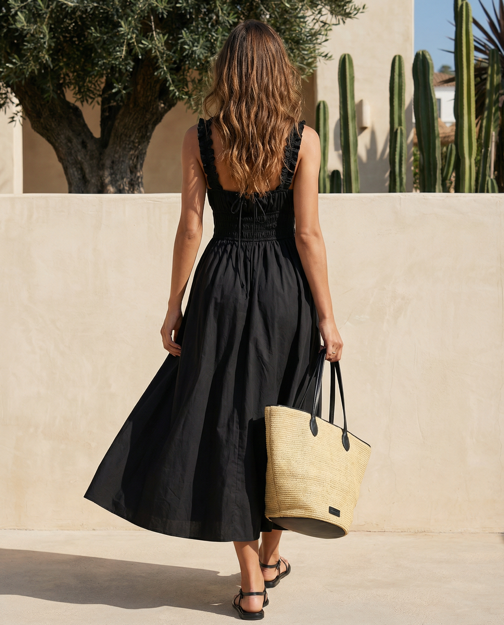 SOLACE  Black Sweetheart Neck Ruffle Strap Midi Dress 