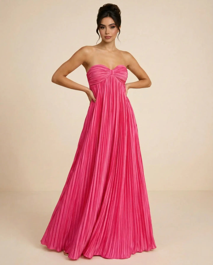 SOLACE  Fuchsia Pink Pleated Fabric Flowy Fit Maxi Dress 