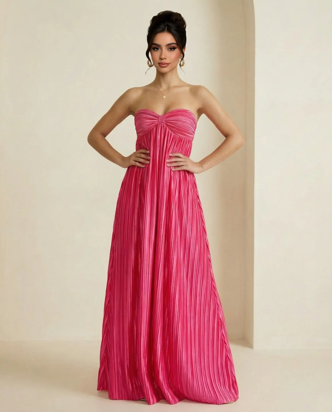 SOLACE  Fuchsia Pink Pleated Fabric Flowy Fit Maxi Dress 