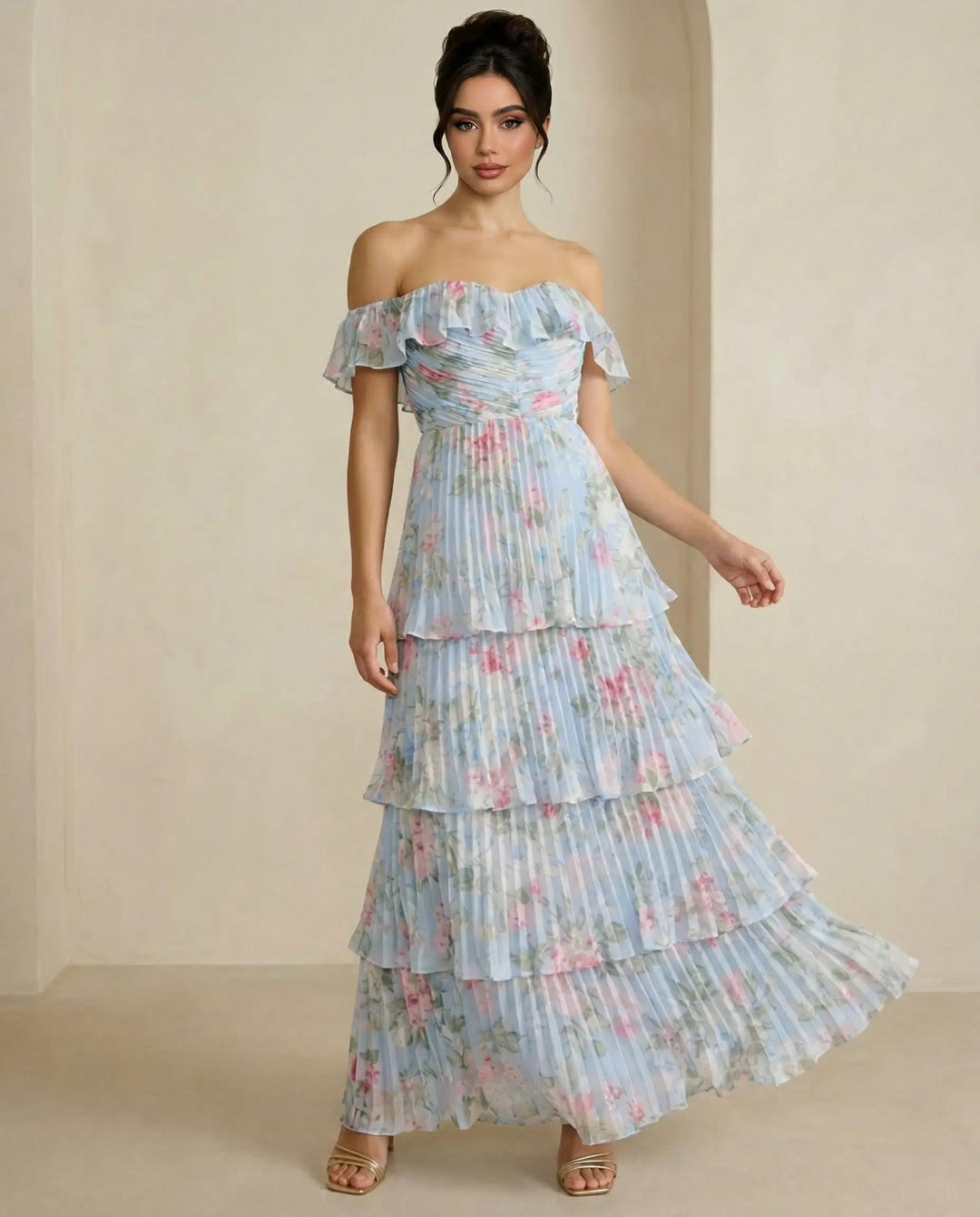 SOLACE  Light Blue Floral Pleated Tiered Slim Fit Maxi Dress 