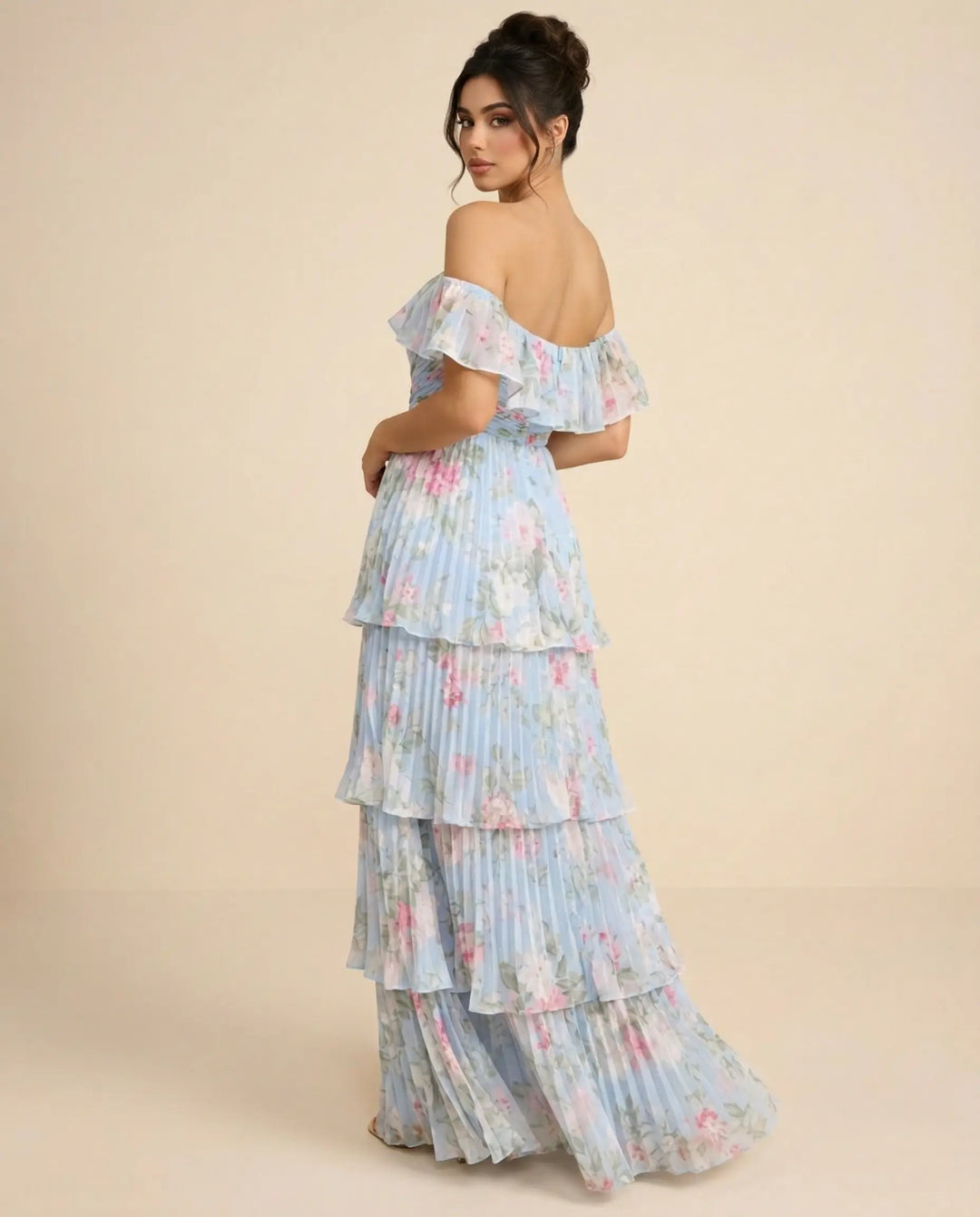 SOLACE  Light Blue Floral Pleated Tiered Slim Fit Maxi Dress 