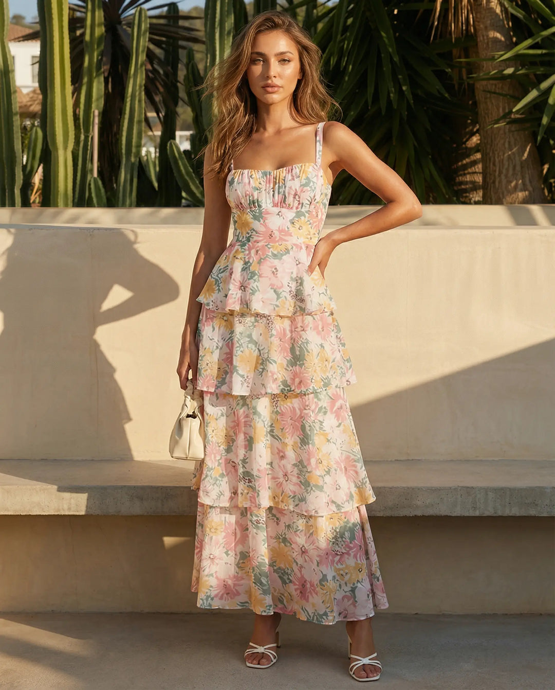 SOLACE  Floral Print Spaghetti Strap Tiered Maxi Dress 