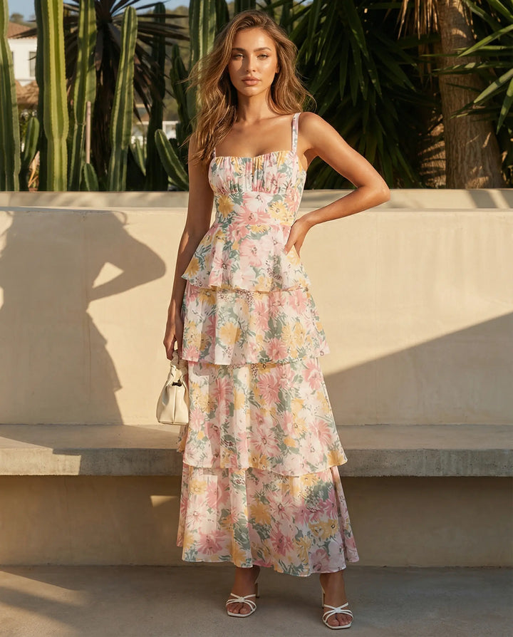 SOLACE  Floral Print Spaghetti Strap Tiered Maxi Dress 