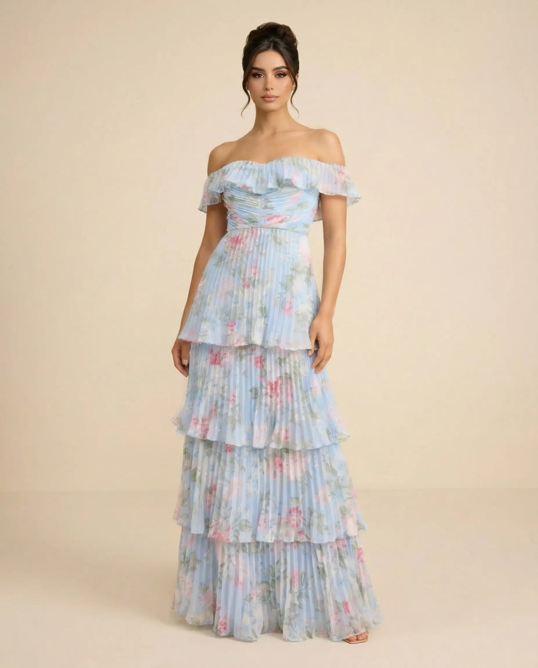 SOLACE  Light Blue Floral Pleated Tiered Slim Fit Maxi Dress 