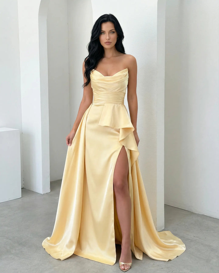 SOLACE  Pale Yellow Cowl Neck Strapless Ruffle High Slit Satin Maxi Dress 