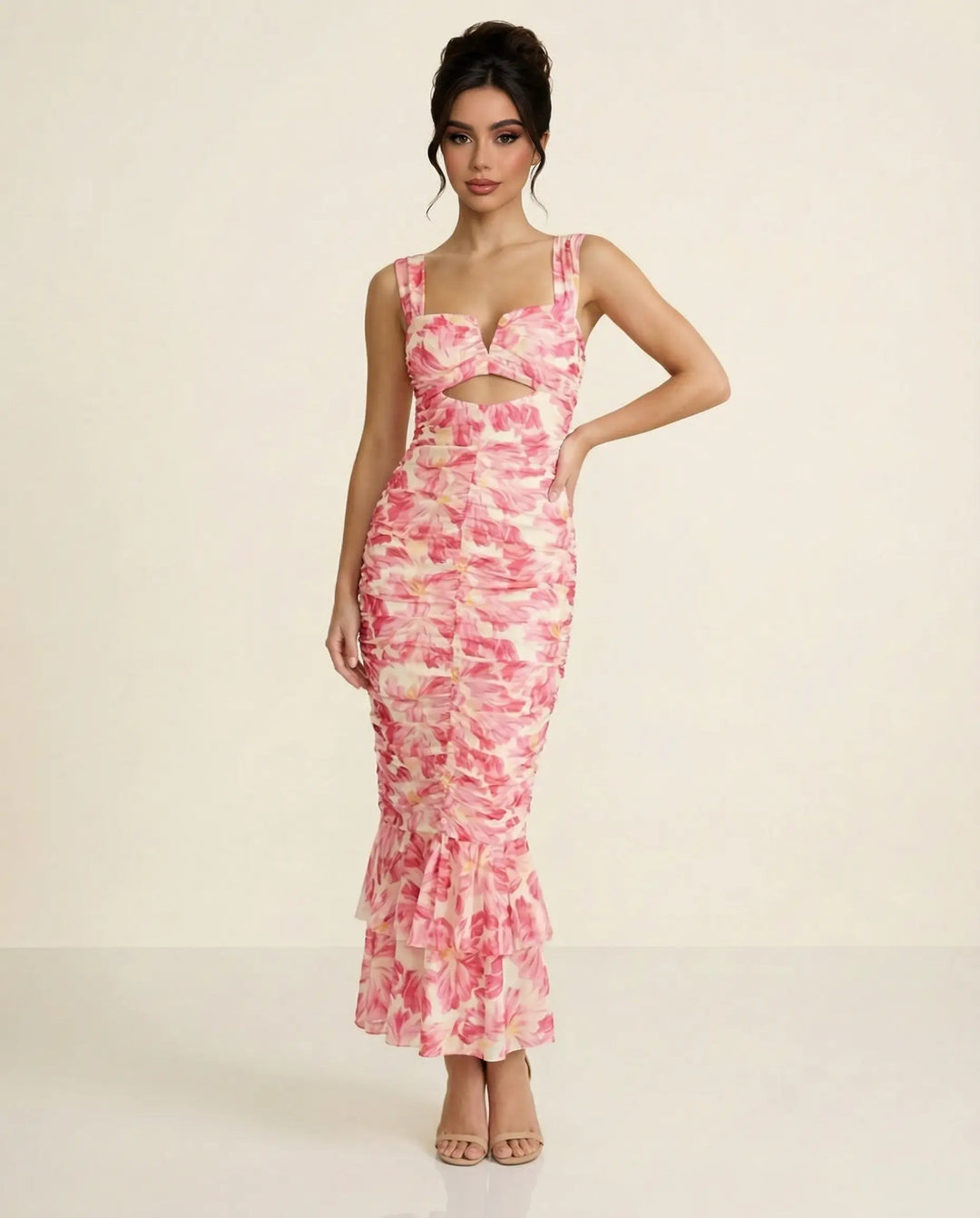 SOLACE  Pink Ruched Floral Print Cut-out Slim Fit Midi Dress 