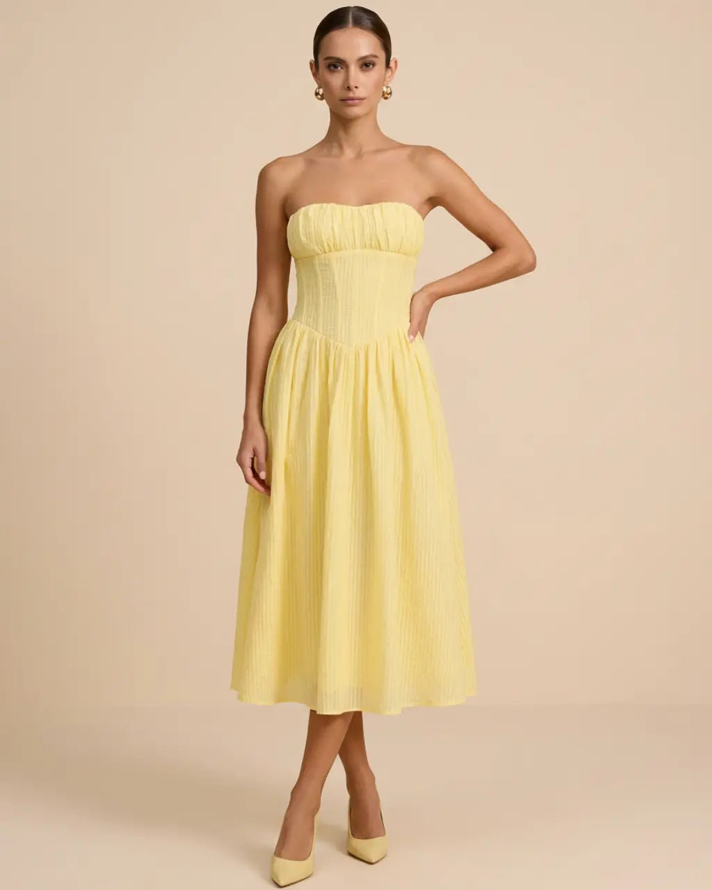 SOLACE  Yellow Corset Ruched Bodice Slim Fit Midi Dress 