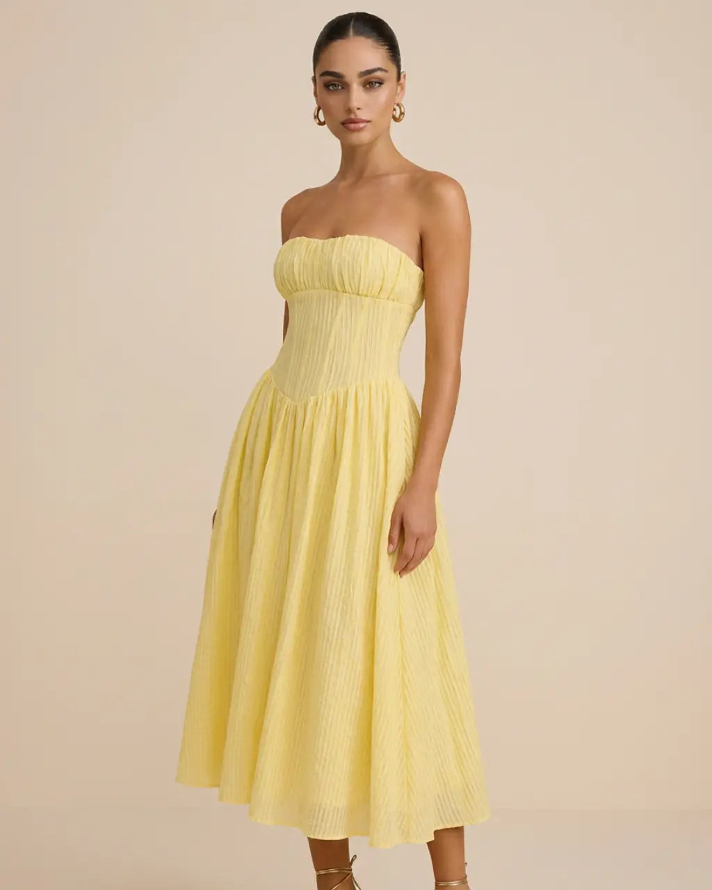 SOLACE  Yellow Corset Ruched Bodice Slim Fit Midi Dress 