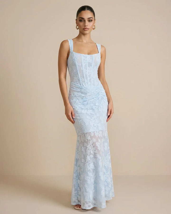SOLACE  Baby Blue Elegant Floral Lace Fitted Maxi Dress 