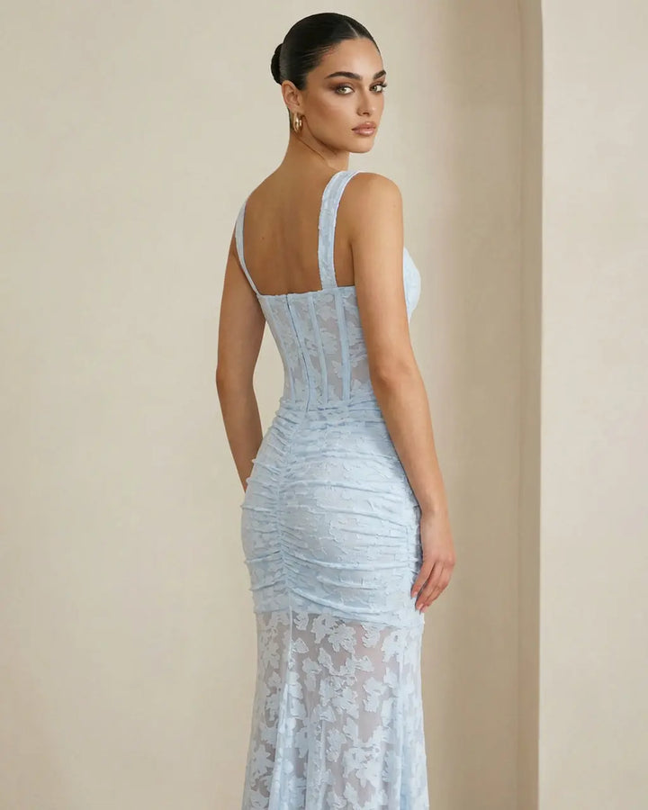 SOLACE  Baby Blue Elegant Floral Lace Fitted Maxi Dress 