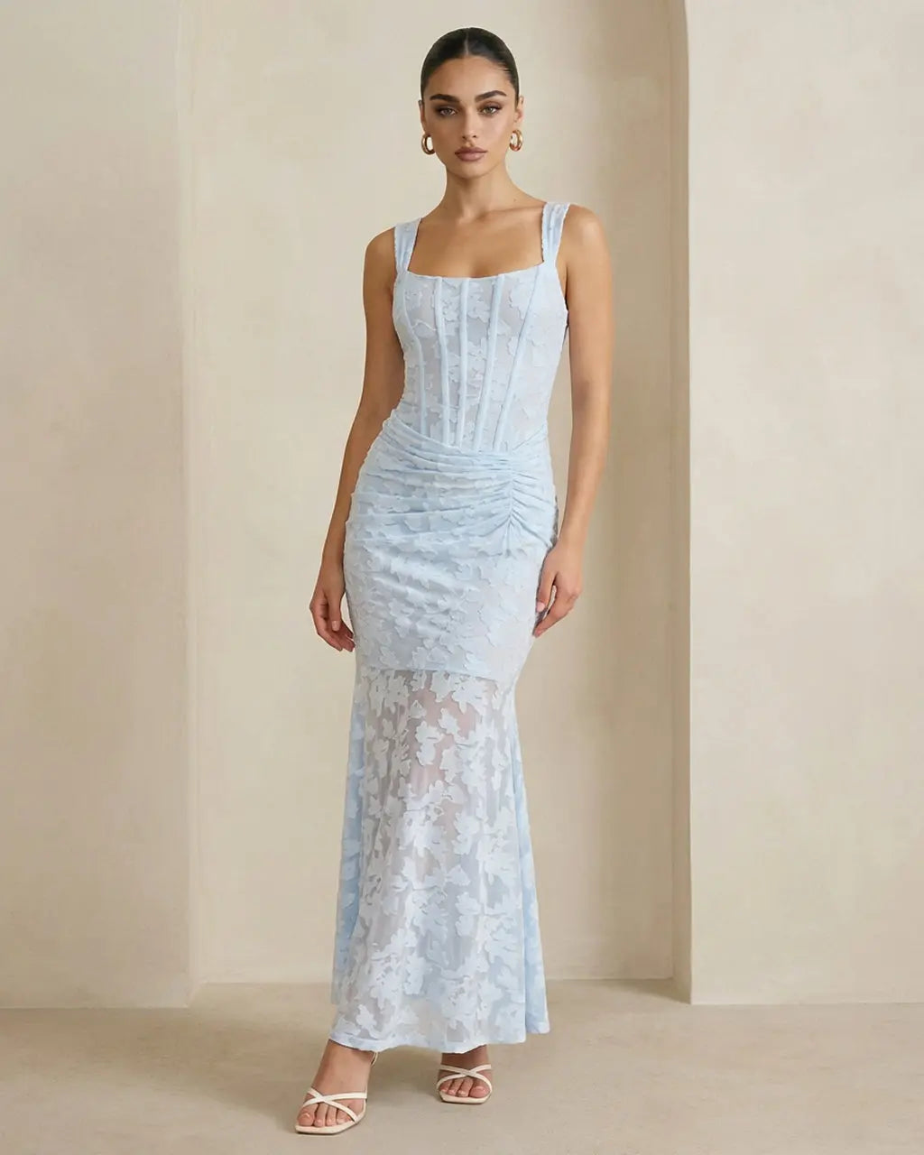 SOLACE  Baby Blue Elegant Floral Lace Fitted Maxi Dress 