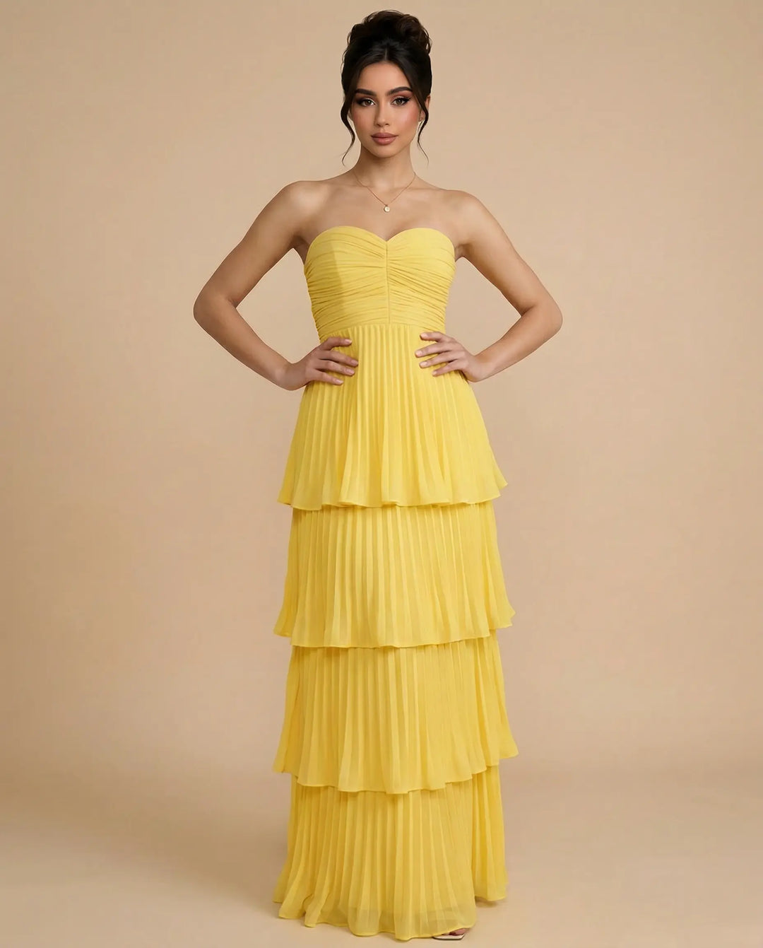 SOLACE  Yellow Tiered Pleated Chiffon Fitted Bodice Maxi Dress 