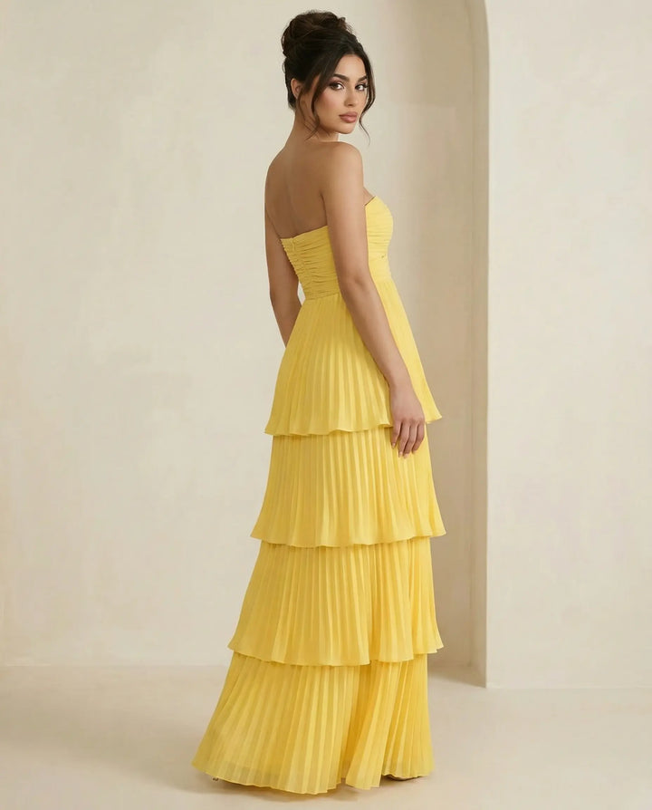 SOLACE  Yellow Tiered Pleated Chiffon Fitted Bodice Maxi Dress 