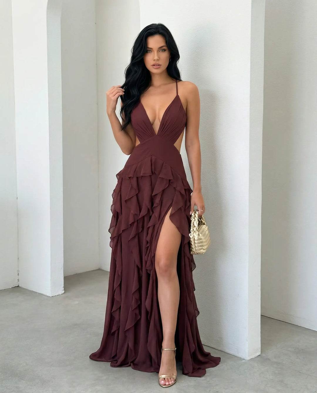 SOLACE  Burgundy Deep V Spaghetti Strap Cutout Ruffle High Slit Chiffon Maxi Dress 