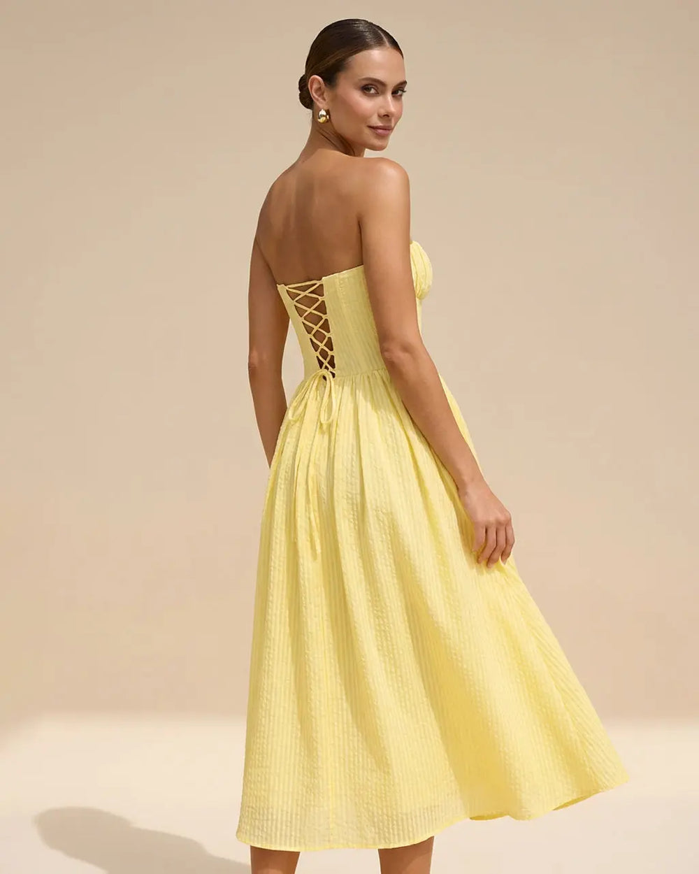 SOLACE  Yellow Corset Ruched Bodice Slim Fit Midi Dress 
