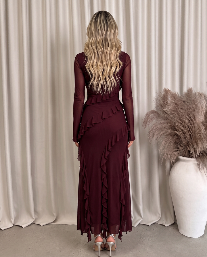 Burgundy Diagonal Ruffle Mesh Maxi Dress