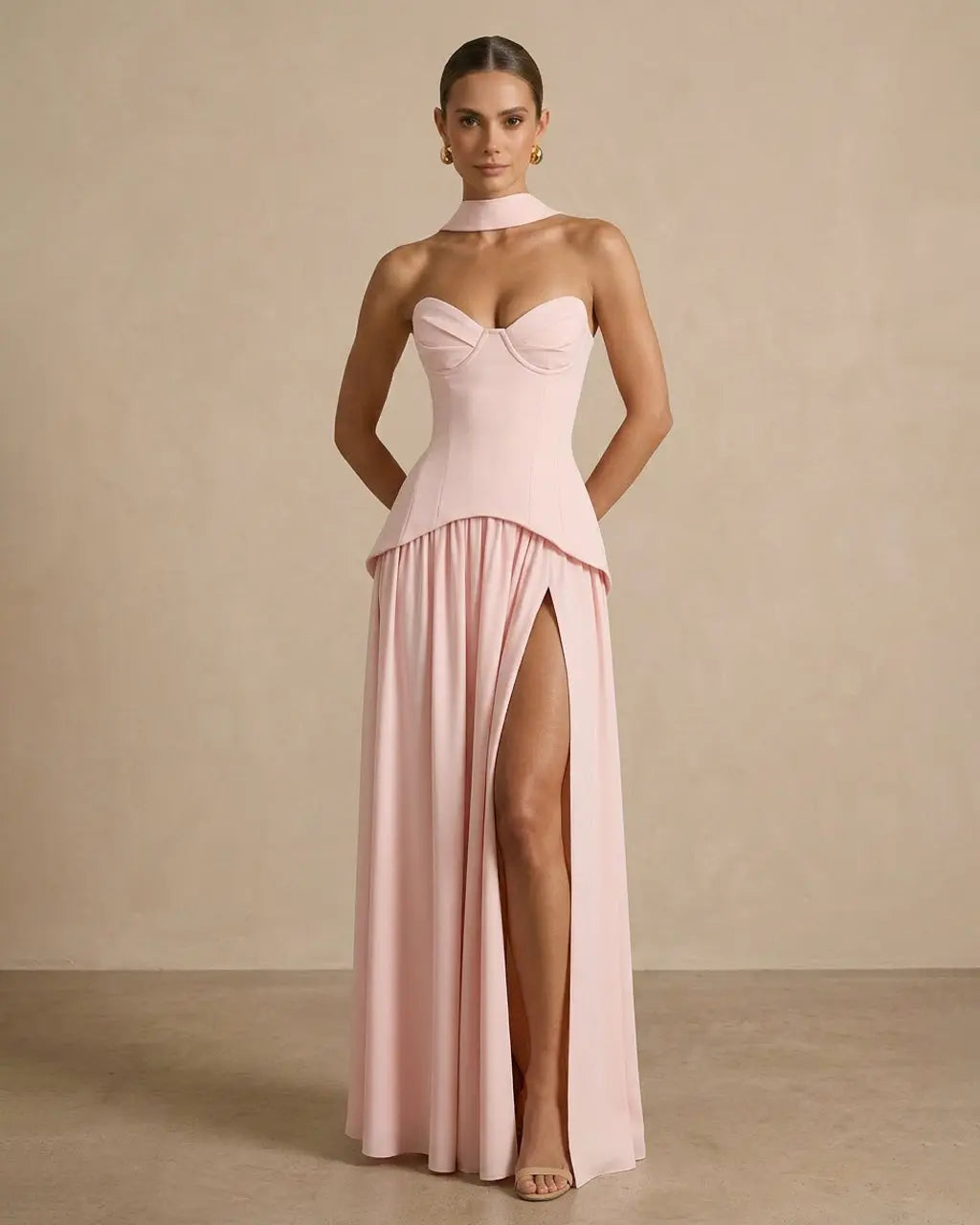 Blush Pink Halter Neck Bustier Corset Slit Maxi Dress SOLACE