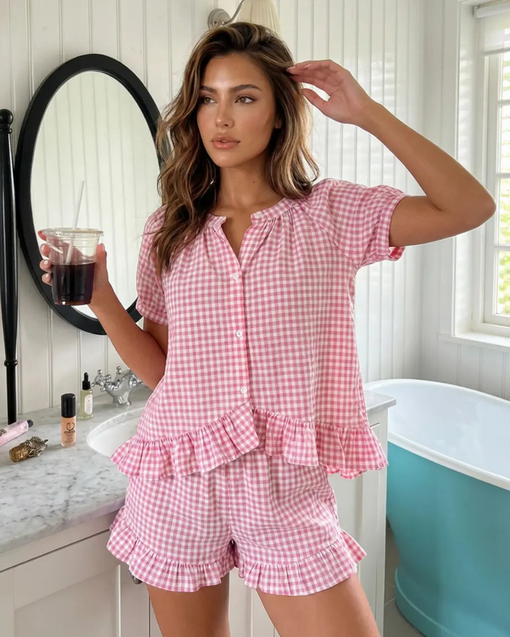 Pink Gingham Ruffle Trim Top Loose Mini Shorts Loungewear Set SOLACE