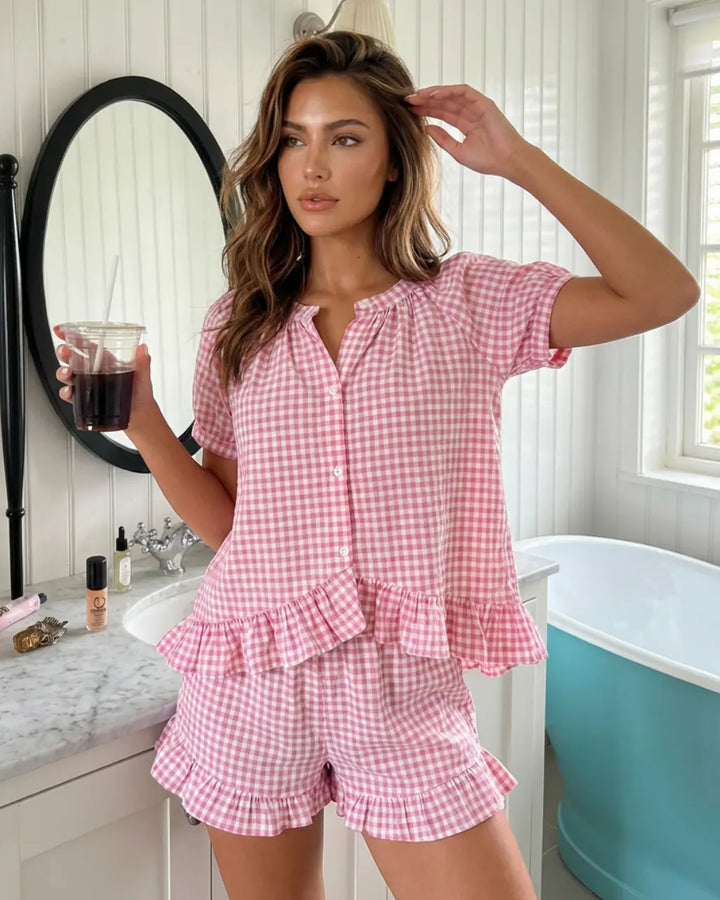 Pink Gingham Ruffle Trim Top Loose Mini Shorts Loungewear Set SOLACE