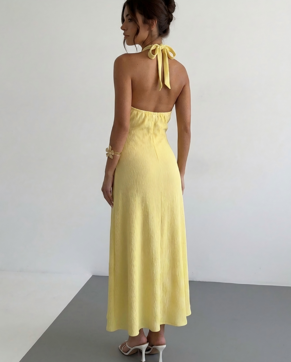 SOLACE  Buttery Yellow Halter Twist Neck Textured Maxi Dress 