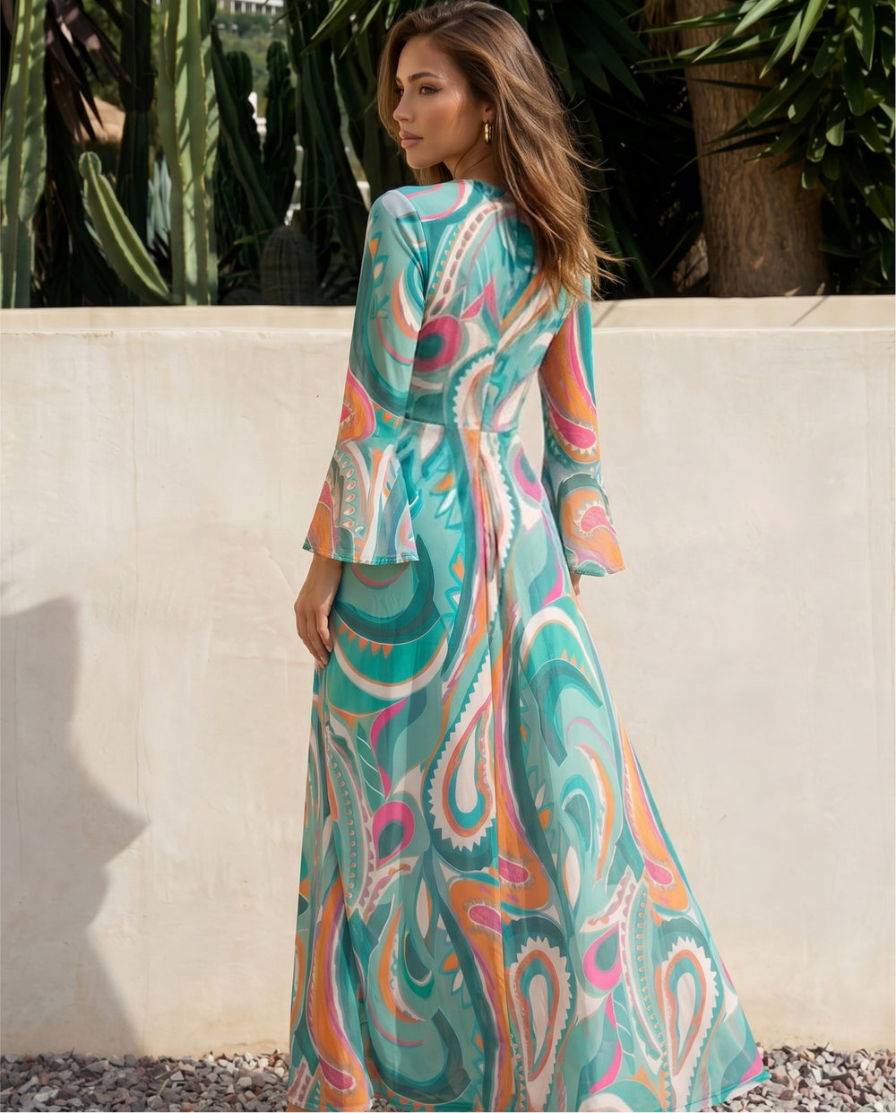 SOLACE  Green Paisley Print Twist-Front Long Sleeve Maxi Dress 