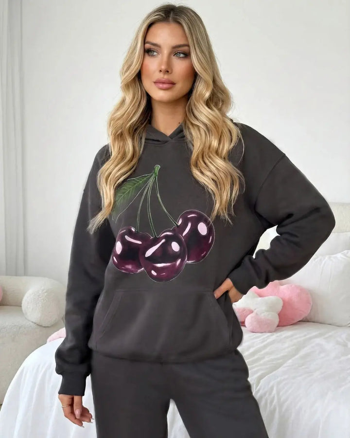 Dark Gray Cherry Patterned Casual Hoodie Pants Set SOLACE